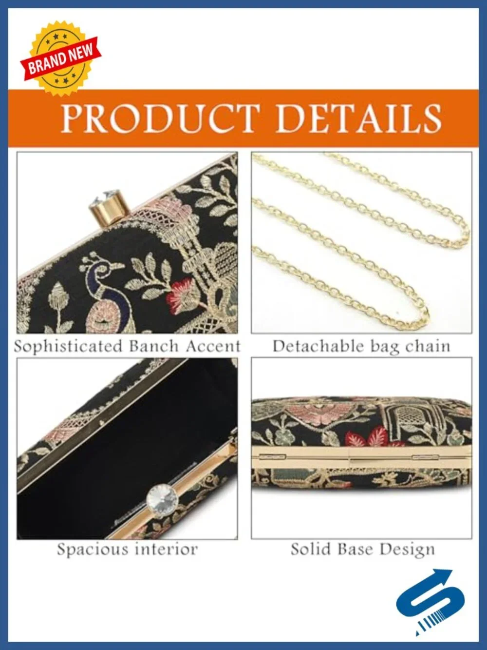 Embroidered Box Clutch Evening Bag with Crystal Clasp & Chain Strap